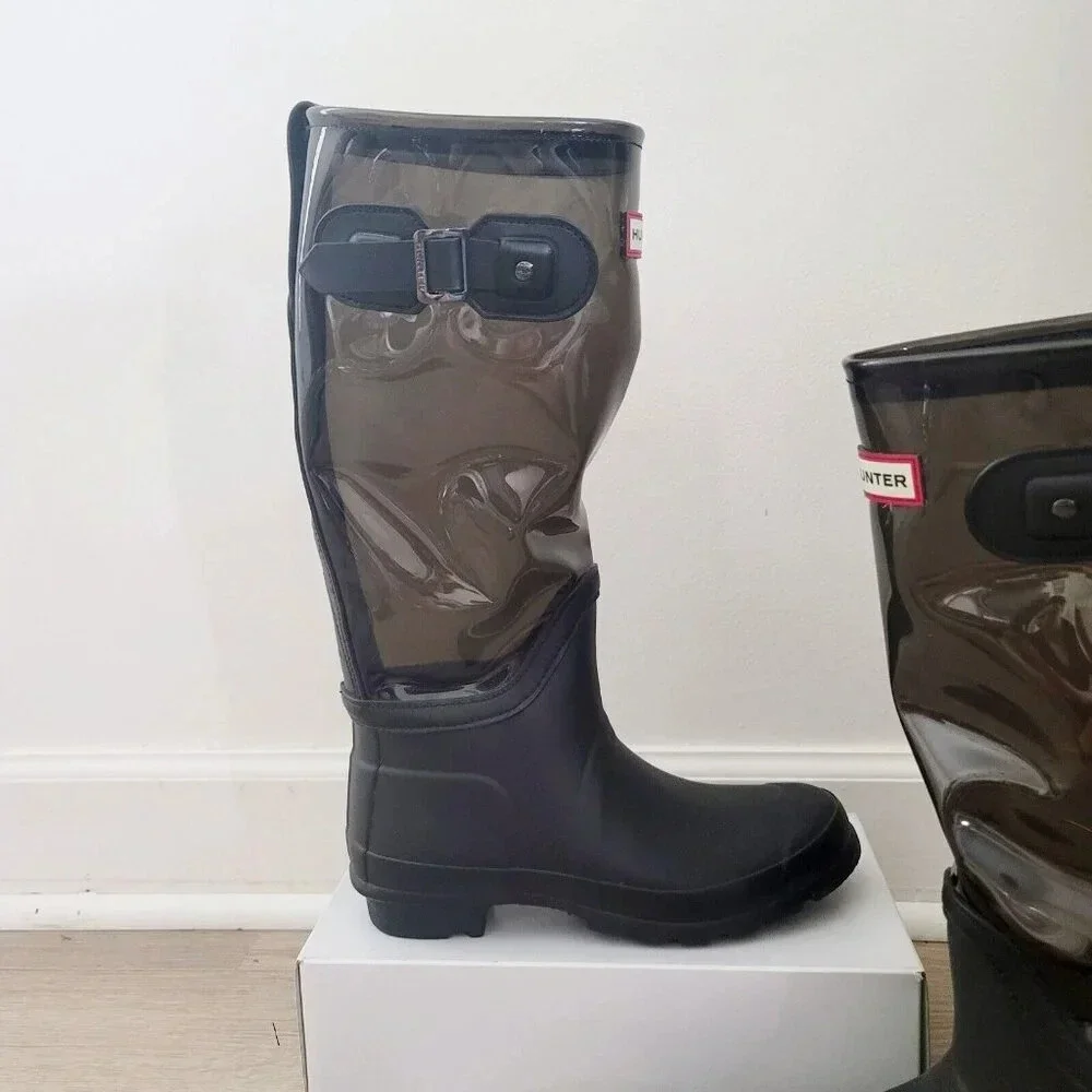 Hunter Fisherman Black Clear Buckle Rubber Tall Rain Outdoor Boots Shoes 7
